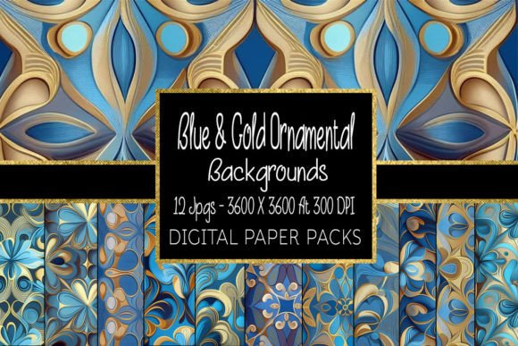 Blue and Gold Ornamental Backgrounds: 12 Premium Papers for Projects