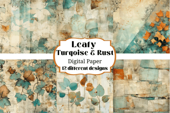 Turquoise Rust Leafy Floral Backgrounds for Digital Design