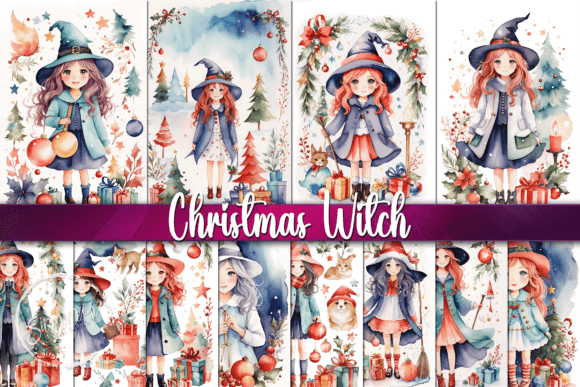 Watercolor Christmas Witches: Enchanting Backgrounds for Festive Design