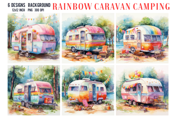 Watercolor Rainbow Caravan Camping Backgrounds: A Creative Asset